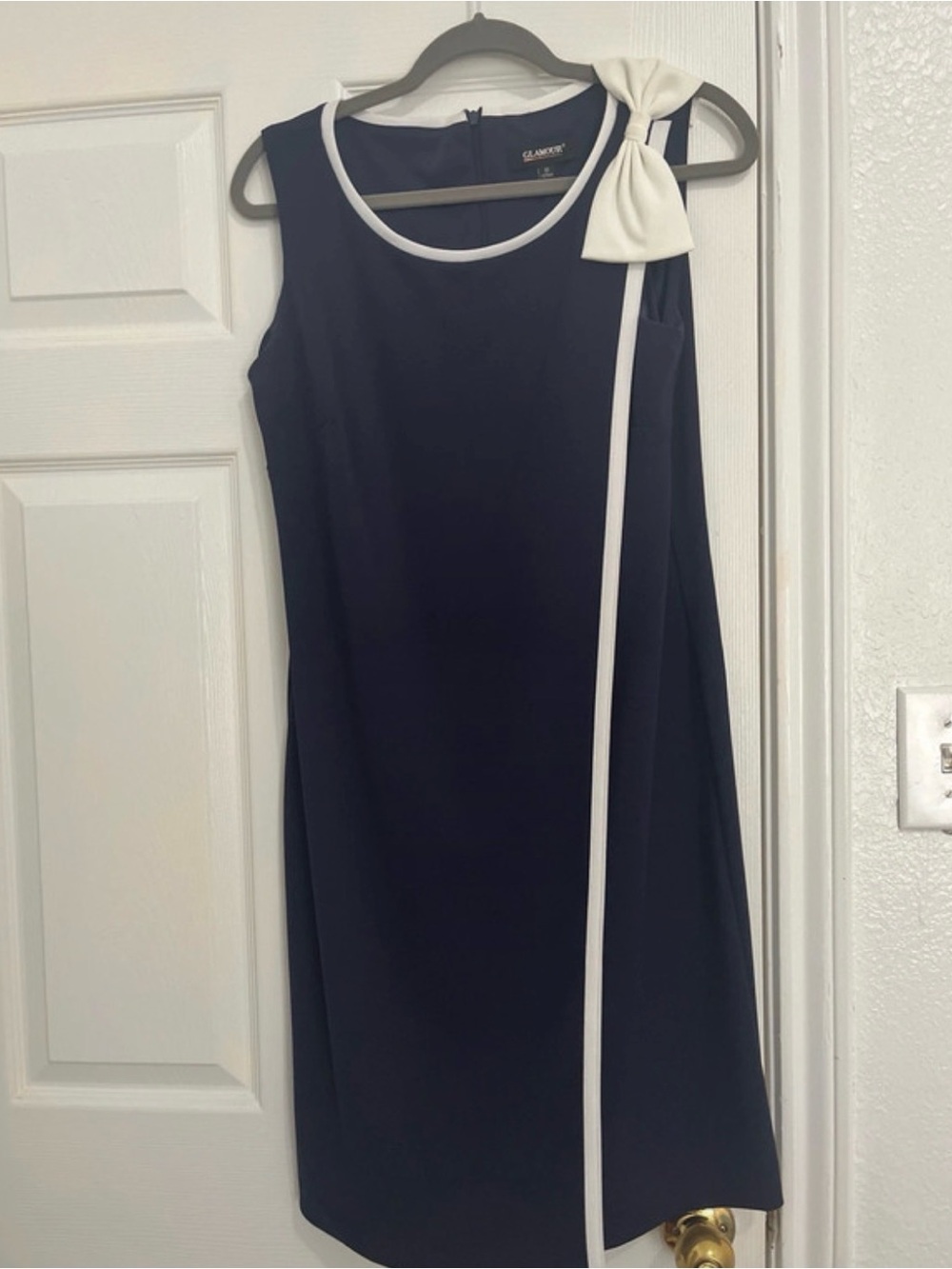 Glamour Navy Dress with White Bow and Trim